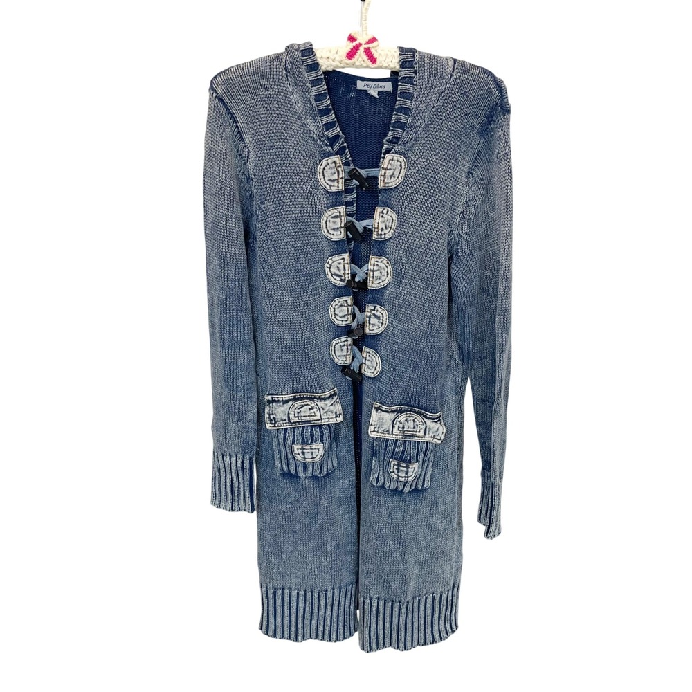 PBJ Blues Y2K Acid Wash Denim Look Hooded Toggle Duster Cardigan Sweater Medium